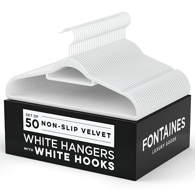 Fontaines Luxury White/White Velvet Non-Slip Clothes Hangers - Pack of 50 - Ultra Slim & Space Saving - Heavy Duty with 360 Degree White Swivel Hook for Clothing, Suit, Top, (White/White)