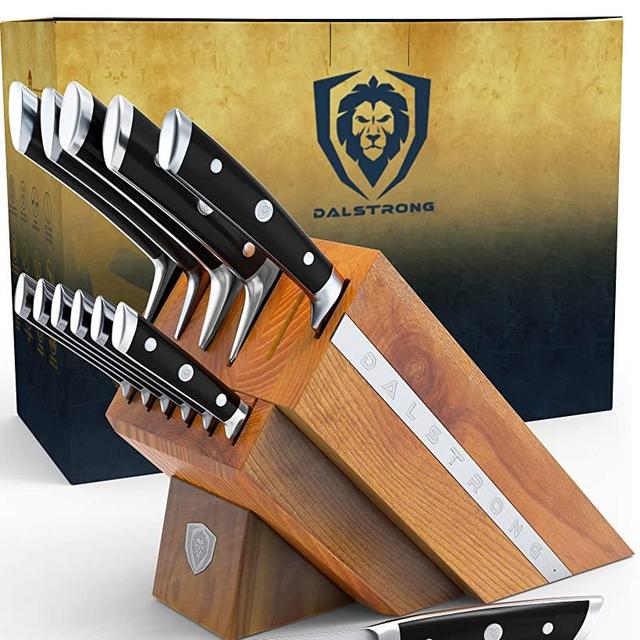 DALSTRONG 12-Piece Knife Block Set - Gladiator Series - Black Handles - German HC Steel - Hand-made Manchurian Ash Wood Block - NSF Certified