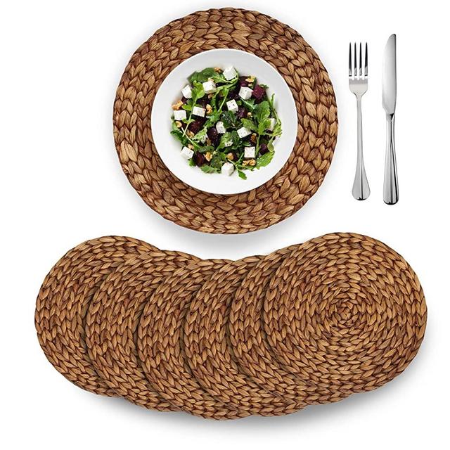 (4 Sizes: 12"-13"-14"-15") BARIEN Brown Woven Placemats Round Set of 6, Natural Water Hyacinth Weave Placemat for Dining Table, Large Handmade Woven Placemats Heat Resistant Non-Slip (14" - Set of 6)