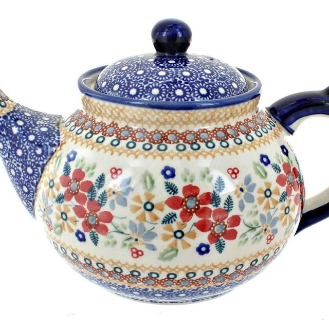 Blue Rose Polish Pottery - Red Daisy Teapot - 5 Cup Capacity - Hand-Painted Polish Pottery Ceramic Coffee & Tea Server