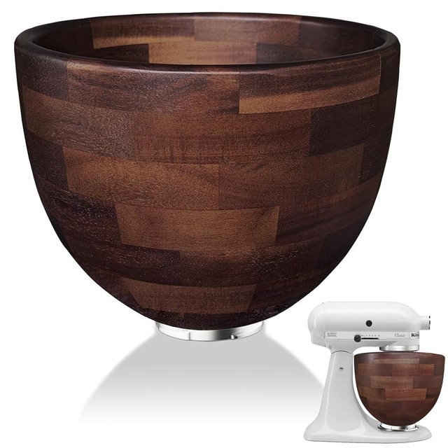 Walnut Wood Mixing Bowl Compatible with KitchenAid 4.5 & 5 QT Tilt-Head Models, Wooden Mixer Bowl for KitchenAid Stand Mixers
