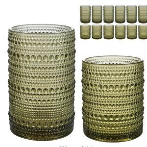 Vintage Hobnail Drinking Glasses Set of 12, 15 oz Highball Glasses & 12 oz Cocktail Glasses Set, Green Kitchen Water Glasses Cup, Bar Tumbler Glassware Set for Beer, Juice, Whiskey, Milk