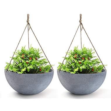 Hanging Planters Large 13.2 Inch Resin Flower Pots Outdoor, Garden Planters for Plants, Large Grey, Set of 2