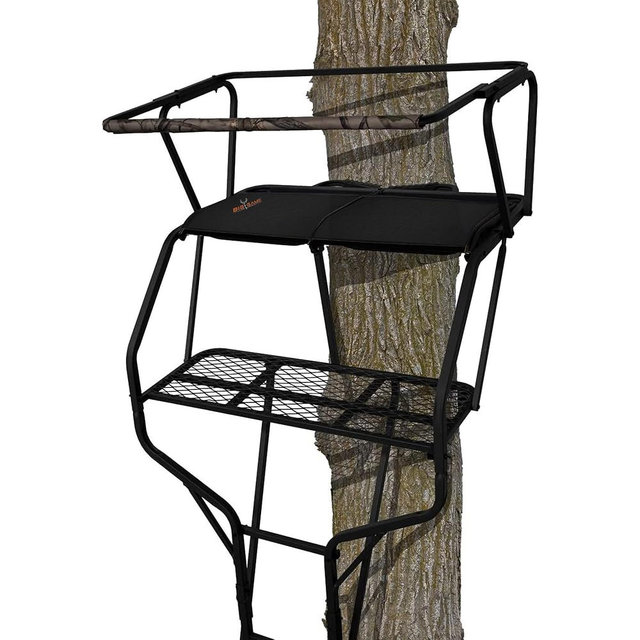 Big Game 2-Person Ladder Tree Stand For Hunting Deer with Seats, 18' Tall, Camo/Black - Adjustable Climbing Treestand with Platform and Safety Harness for Shooting
