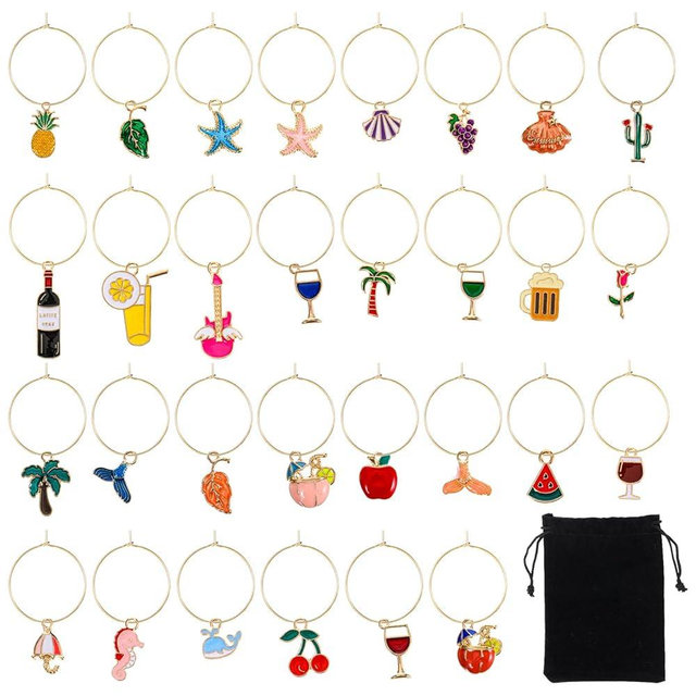 QFGasre 30pcs Wine Glass Charms Identifiers Wine Charms for Stem Glasses Markers Funny Charm for Summer Christmas Wines Tasting Travel Beach Themed Party Supplies