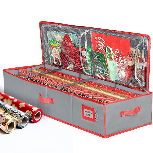 HOLDN' STORAGE Premium Wrapping Paper Storage Container - Durable 600D Tear-Proof, Fits 27 Rolls Gift Wrap, Extra Pockets for Ribbons & Bows, Underbed Storage - Ideal for Holiday Christmas, Grey/Red Trim