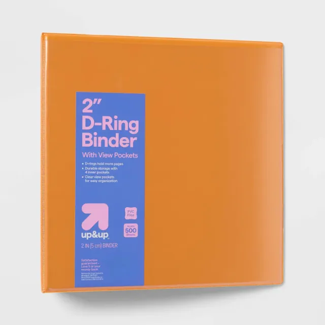 2" 3 Ring Binder Clear View Orange - up&up™: 500 Sheet Capacity, D Rings, Internal Pockets, Standard Binders