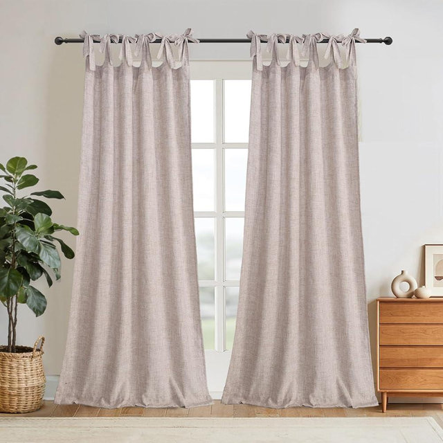 gisewood Neutral Tie-Top Linen Cotton Blend Window Curtain Panel, Rustic-Chic Curtain Panel for Living Room or Bedroom, 52 Inches by 84 Inches, 2 Panels
