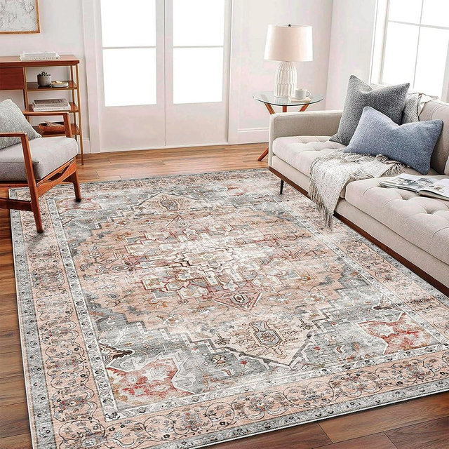 CHAMPLANT Area Rug 6'x9' Light Cyan and Light red Washable Vintage Traditional Floor Cover Thin Retro Kitchen Indoor Distressed Non Slip Carpet for Living Room Bedroom Dining Room