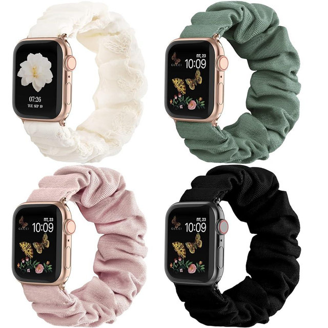 Recoppa Compatible for Apple Watch Band Scrunchie 38mm 40mm 41mm 42mm 44mm 45mm 46mm Cute Printed Elastic Solo Loop Bands Women Bracelet Strap for iWatch Series 11 10 9 8 7 6 5 4 3 2 1 SE, 4 Packs