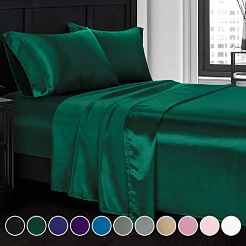 Homiest 4pcs Satin Sheets Set Luxury Silky Satin Bedding Set with Deep Pocket, 1 Fitted Sheet + 1 Flat Sheet + 2 Pillowcases (Queen Size, Blackish Green)