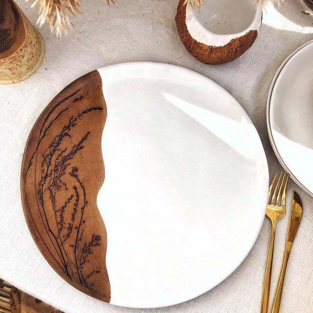 Herb Inlaid Ceramic Handmade Platter