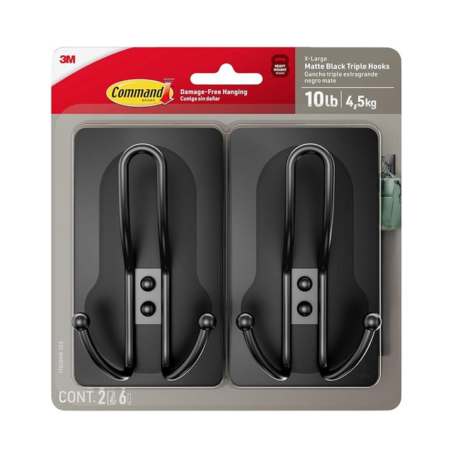 Command X-Large Matte Black Triple Hook, 2 Hooks, 6 Strips, Damage-Free Hanging with Adhesive Strips, No Tools Wall Hook for Hanging Decorations in Living Spaces