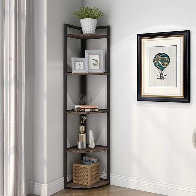 SUPERJARE Industrial Corner Shelf, 5-Tier Wood Wall Corner Bookcase with Metal Frame, Corner Storage Rack Shelves Display Plant Flower, Stand Bookshelf for Home, Office, Kitchen - Vintage Brown