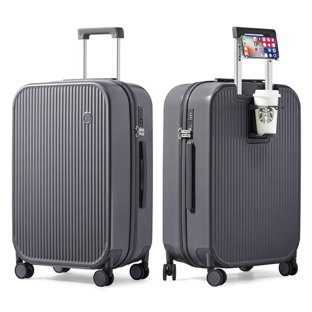 mixi Checked Luggage with Cup Phone Holder Hard Shell Rolling Travel Suitcases with Spinner Wheels,24 Inch Rock Grey