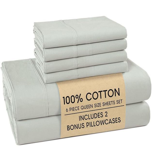 Casa Platino 100% Cotton Sheets Queen Size Set - 6 Pieces (1 Flat, 1 Fitted, 4 Pillowcases) - Soft & Breathable Percale Weave - Cooling Bed Sheets with Deep Pockets - Durable Queen Sheet Set - Silver