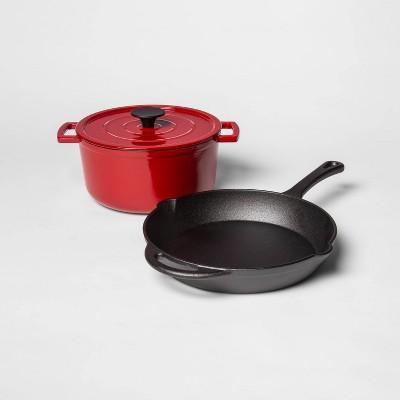 Pre-Seasoned Cast Iron Skillet and Enamel Dutch Oven Set Red - Threshold™