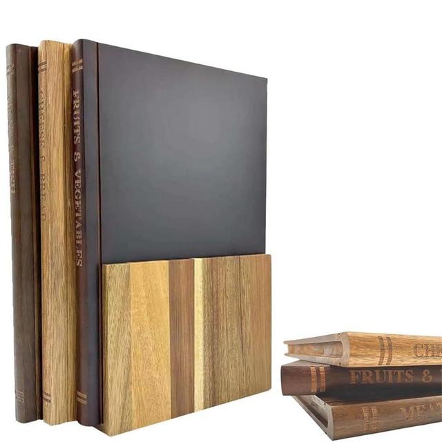 Rectangular Book Cutting Board Set of 3 for Kitchen, Wooden Carving Board with Stand, Easy to Store Serving Board, Reversible Butcher Block for Meat Cheese Bread