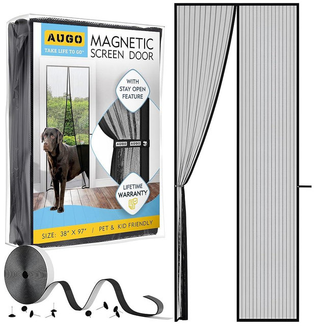 AUGO Magnetic Screen Door - Self Sealing, Heavy Duty, Hands Free Mesh Partition Keeps Bugs Out - Pet and Kid Friendly - Patent Pending Keep Open Feature - 38 Inch x 97 Inch
