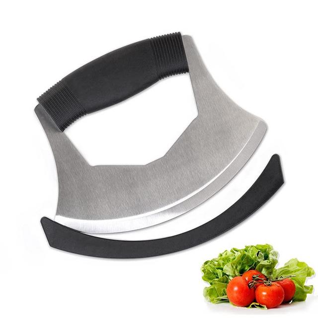 Salad Chopper Mezzaluna Knife with Protective Cover and Anti-Slip Handle Stainless Steel Chopper Vegetable Cutter Onion Chopper Mincing Knife Pizza Cutter