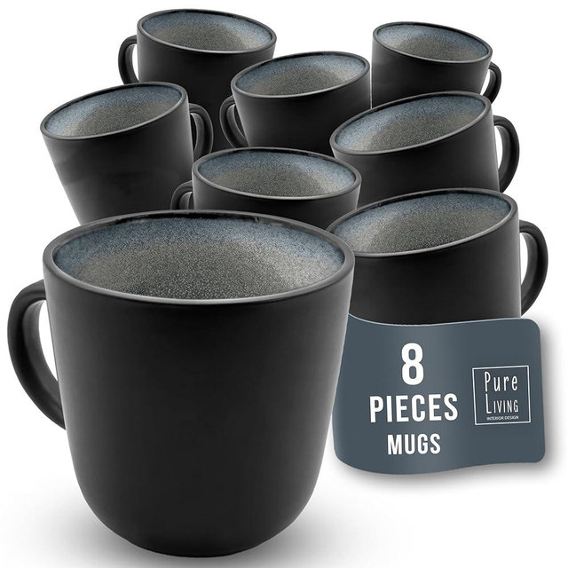 PURE LIVING INTERIOR DESIGN Stoneware Coffee Mugs Set of 8, Stylish Coffee Mug Set modern dark gray, 14.5 Oz Coffee Cups Ceramic, Dishwasher and Microwave Safe Mug, Ceramic Mug, Coffee Cup Set…