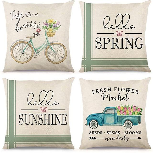 ARBINSON Hello Spring Pillow Covers 18x18 Set of 4 - Farmhouse Vintage Truck Bicycle Floral Throw Pillow Cases Seasonal Decor for Home Indoor Couch Bedroom Sofa Chair (18" x 18", Bicycle/Green)