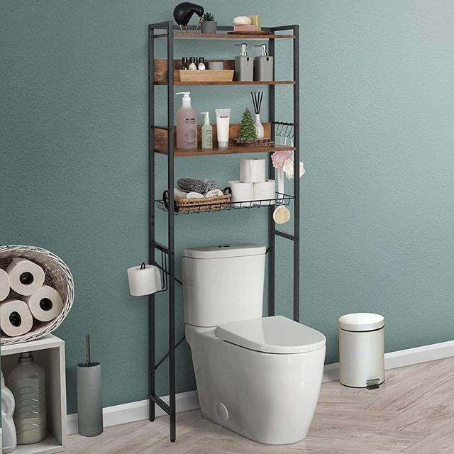 CAPHAUS Over The Toilet Storage, 4-Tier Bathroom Organizer, Freestanding Toilet Shelf, Multifunctional Space Saver Toilet Rack with 4 Hooks, Laundry Organizer, Plant Stand for Balcony (Rustic Oak)