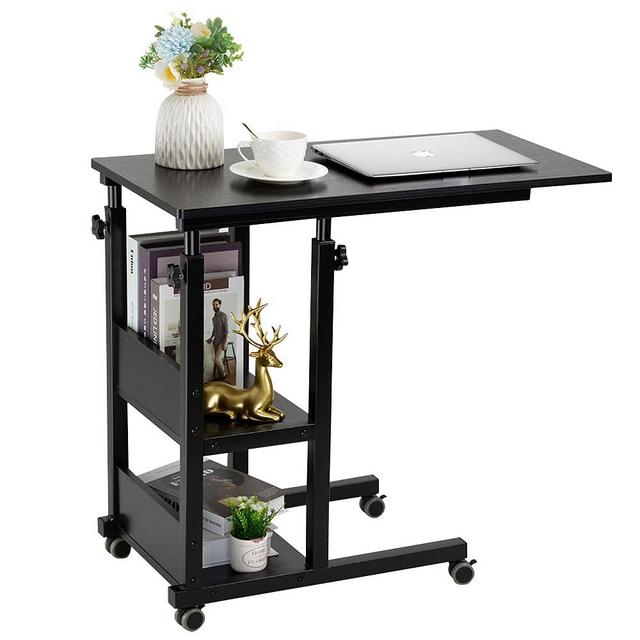 Hadulcet C Shaped Side Table Adjustable, Height Adjustable C Table with Wheels and Storage Shelves for Couch Bed Recliner Black
