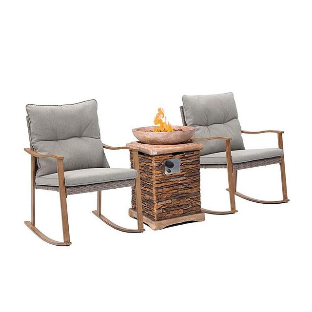 COSIEST 4-Piece Outdoor Patio Furniture Rocking Chairs w 20-inch Square Propane Fire Pit Table (40,000 BTU), Fits 20gal Tank Inside, Warm Gray Cushions, Round Glass-Top Table for Garden, Backyard