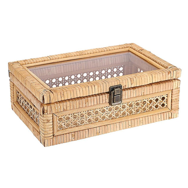 Hipiwe Rattan Display Box with Clear Lid Rectangular Wicker Storage Basket Bin with Metal Secure Latch Handwoven Natural Rattan Decorative Box Small Shelf Organizer Basket for Snacks Remotes