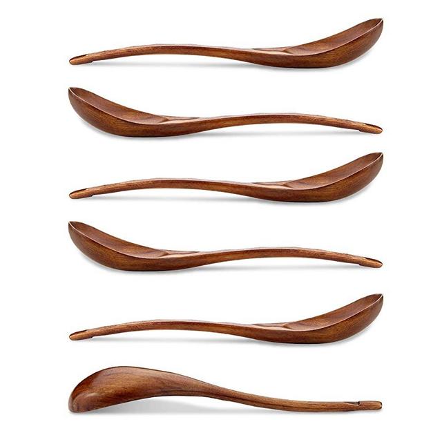 AOOSY Wooden Soup Spoons, 6 Pieces 7.84 inches Japanese Ramen Spoons Round Nanmu Wood Long Handle Kids Rice Dessert Cooking Tasting Dinner Table Spoon for Kitchen Restaurant