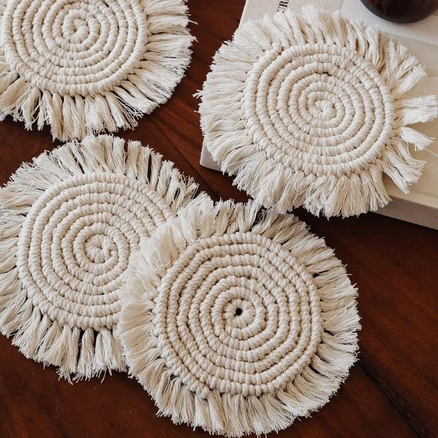 Hygge Cwtch Handcrafted Macrame Coasters Set of 4 - Handmade Cotton Rope Woven Macrame Coaster with Tassel | Boho Home Decor Mugs and Cups Pads for Drinks, Wine Glass Table Countertop Office