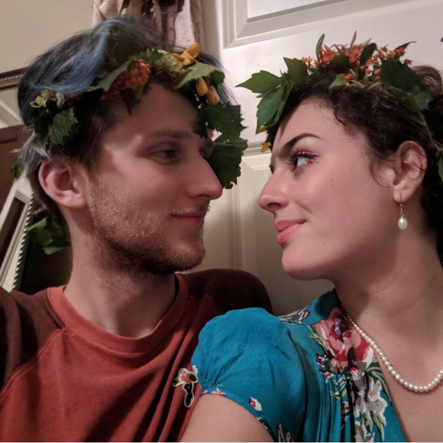 Wearing flower crowns I made from things picked from Anne and Bob's beautiful garden.