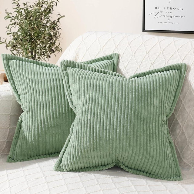 Mecatny Corduroy Pillow Covers 18x18 Inch Set of 2 - Striped Throw Pillow Covers with Wide Border for Living Room, Bed - Soft Square Decorative Pillow Covers for Couch - Sage Green
