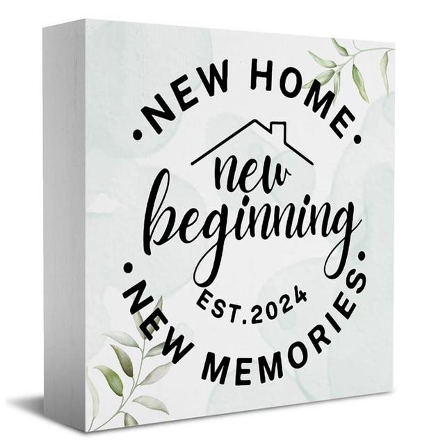 Funny New Home New Memories Wooden Box Sign Rustic Housewarming Wood Box Sign Art Home Living Room Shelf Desk Decoration 5 x 5 Inches Present