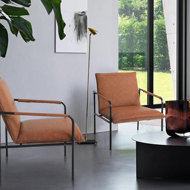 Erste!Bravo Brown Mid Century Accent Chairs Set of 2 for Living Room, Clearance Faux Leather Lounge Chairs Modern Retro Upholstered Armchairs for Bedroom Office Steel Frame Support 350LBS, Pale Brown