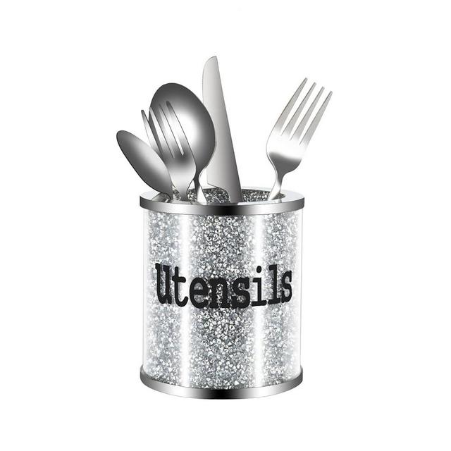 sugarchef Bling Crushed Diamond Small Kitchen Utensil Holder for Countertop Glass Flatware Silver Utensil Crock Sparkly Gift Utensil Organizer (Silver)