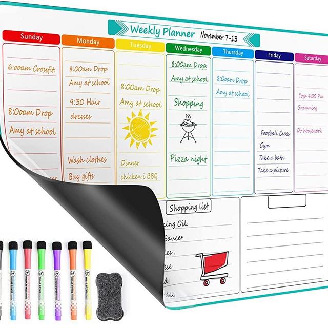 ‎MaxGear Weekly Dry Erase Board for Fridge, Magnetic Calendar Whiteboard Planner for Refrigerator with Stain Resistant Technology, Include 7 Fine Point Markers and 1 Eraser, 17"x12"
