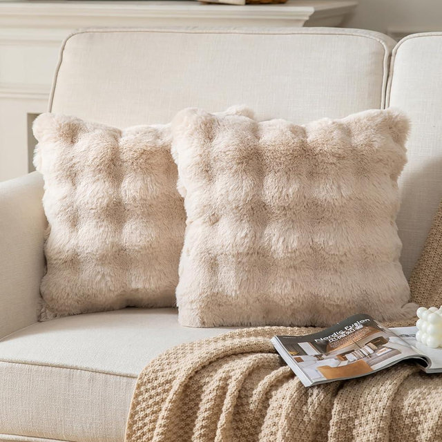 Joyouth Pack of 2 Thick Plush Throw Pillow Covers Fluffy Wave Faux Fur Decorative Cushion Covers Soft Wool Pillowcase for Sofa Couch Livingroom 18x18 Inch Beige
