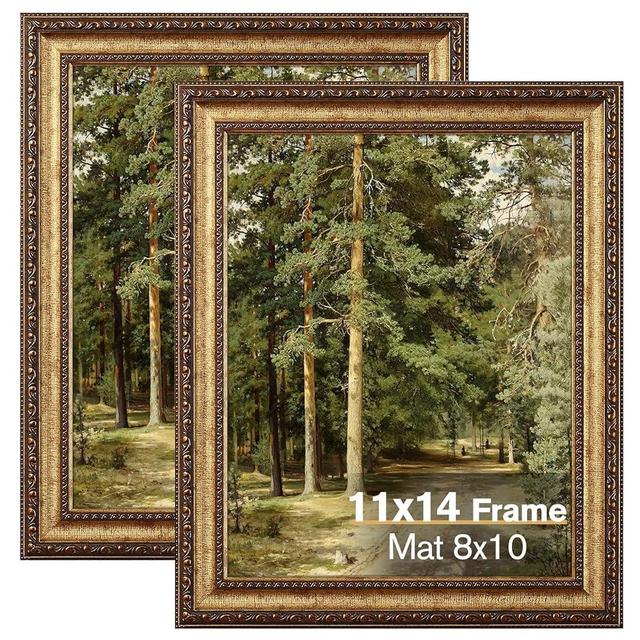 Splinterix 11x14 Gold Picture Frame, 2 Pack Ornate Vintage Picture Frames for Wall or Tabletop Display, 11x14 Photo Frame Gold with Real Glass, Display Poster 8x10 with Mat or 11x14 without Mat for Antique Déco