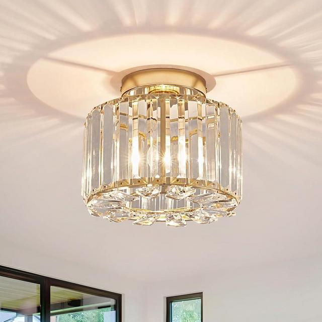 XIEYOR Elegant Gold Crystal Chandelier - Modern Semi Flush Mount Ceiling Light Fixtures for Hallway, Kitchen, Bedroom, Living Room, and More