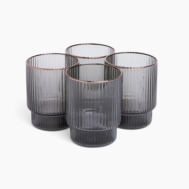 Vintage Smoke Grey Cocktail Glasses with Copper Rim | 11 FL OZ | Set of 4 | Ribbed Design | Whiskey, Bourbon Cocktail or Bar Glasses