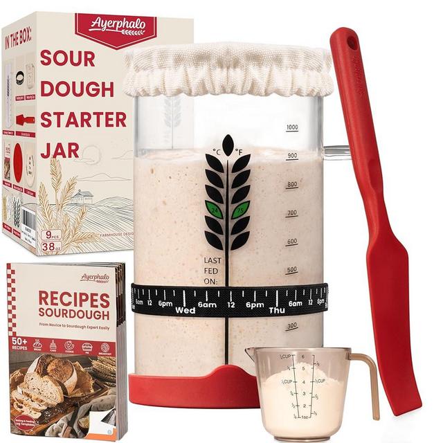 Sourdough Starter Kit - 38oz, with Cookbook, Measuring Cup, Spatula, Wide Mouth Jar Cover, Thermometer, Date Marked Feeding Band, Sourdough Starter Jar Glass for Baker, Sourdough Bread Baking Supplies