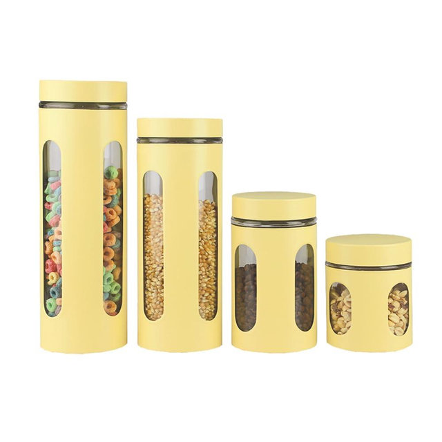 Home Basics Retro Kitchen Canisters For Countertop (4 Piece Set) Yellow Glass with Metal Finish; See-Through Windows; Great For Flour, Coffee, Sugar, Dry Ingredients, Snacks