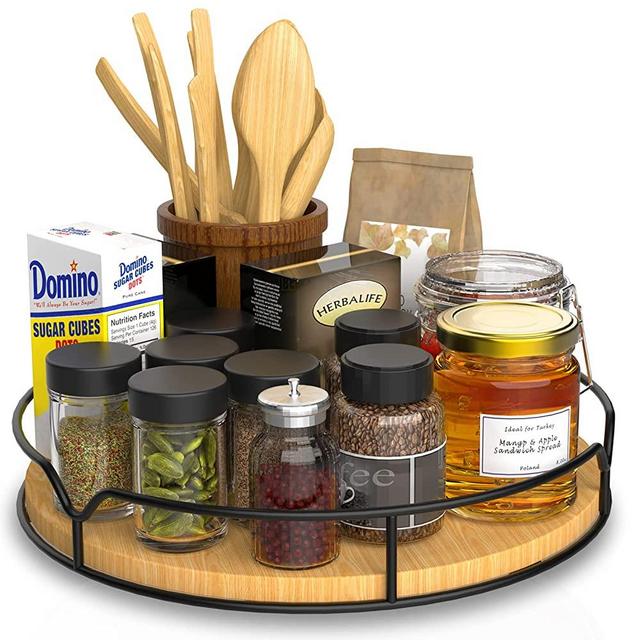 Lazy Susan Turntable Organizer for Cabinet Pantry Kitchen Countertop Refrigerator Cupboard, Pine Wood, 9", Burlywood