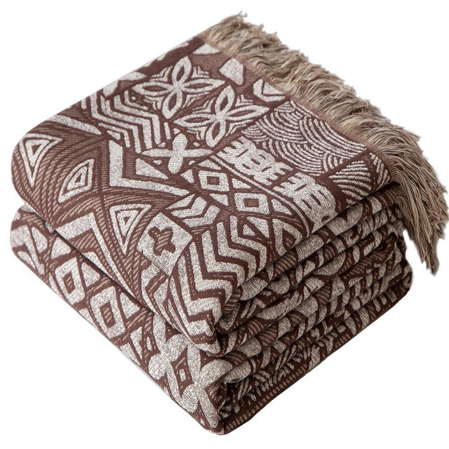 Phuryllic Boho Throw Blanket Full Size, Extra Large Soft Cozy Cotton Muslin Quilt Blanket for Bed Decor, Patchwork Block Couch Sofa Chair Cover, Vintage Farmhouse Cottage Woven Blanket, Brown&White