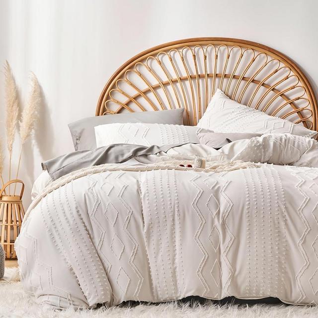 Senville Cream Boho Duvet Cover Queen Size,Pom Pom Geometric Textured Duvet Cover Tufted Bedding Set, 3 Piece Ultra Soft Washed Microfiber with Zipper Closure(Cream,Queen)