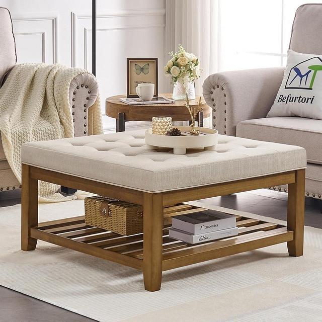 Befurtori Upholstered Coffee Table Tufted Linen Large Square Ottoman with Beech Wood Shelf and Frame, Oversized Linen Ottoman for Living Room, Ivory