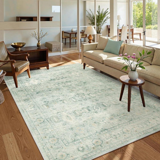 Lahome Vintage 5x7 Washable Green Rugs for Living Room Bedroom, Soft Dining Room Rugs for Under Table, Non Slip Indoor Throw Carpet for Entryway Kitchen Office (5x7ft,Light Green)