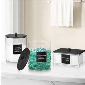 Glass Jars and Acrylic Dryer Sheet Holder, Laundry Pods Container with Bamboo Lid and 27 Labels, Powder Detergent Containers for Laundry Room Organization, Storage Jars Set (3 Pack, Black)